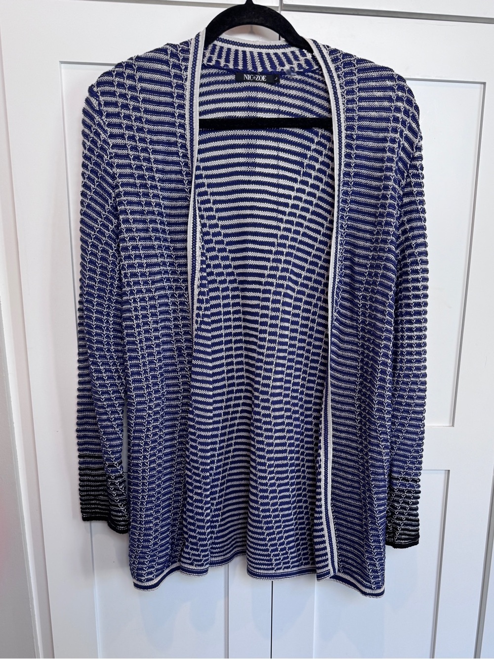 NIC+ZOE Navy and White Open-Front Striped Cardigan